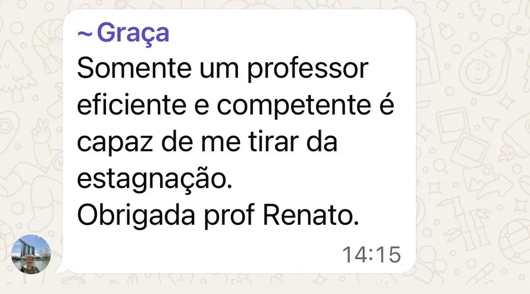Mensagem de WhatsApp de Graça agradecendo ao professor Renato