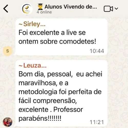 Mensagens de Sirley e Leuza no grupo, elogiando a aula