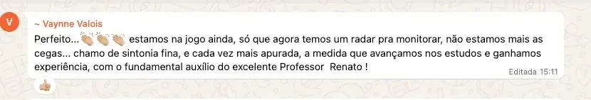 Mensagem de Vaynne Valois sobre o acompanhamento com o professor Renato